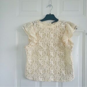 Zara Women’s Lace Sheer Ruffle Sleeves Crop Blouse Top Size M